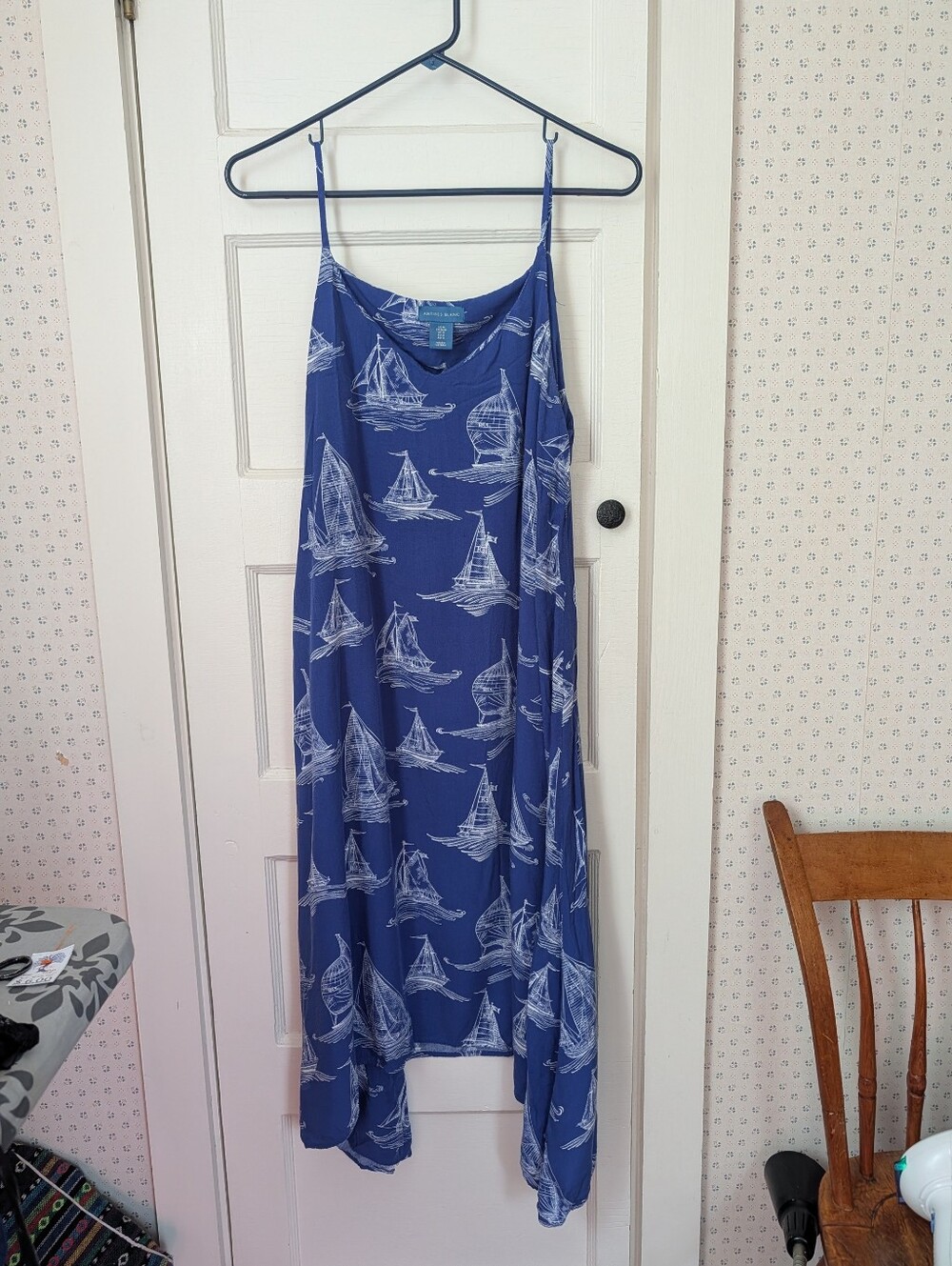 💙 Antibes Blanc M Dress Rayon  Sailboat Print Slip Yacht Beach Ocean Coastal